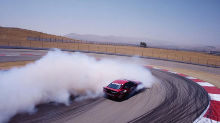 A car drifting on a race track, leaving a thick trail of smoke behind as it speeds around a corner.の素材