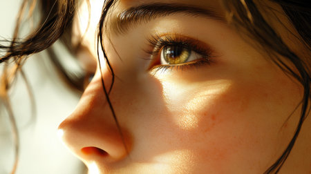 A beautiful close-up of a womans face, with attention to her radiant skin and delicate features, captured in a natural and unposed moment.の素材