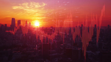 An abstract financial graph with upward and downward trends, overlaid on a cityscape at sunset, representing economic growth and decline.の素材