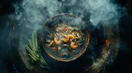Aerial view of a steaming Tom Yum Goong bowl, filled with prawns, mushrooms, and lemongrass, surrounded by fresh Thai herbs on the side.の素材