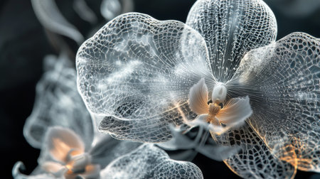 A close-up of a delicate orchid with intricate patterns and soft, translucent petals, showcasing its exotic beauty and elegance.の素材