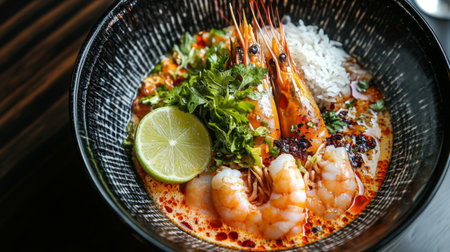 Aerial shot of a hot Tom Yum Goong bowl, showing the fresh prawns, lime slices, herbs, and a swirl of spicy broth, all served with a side of rice.の素材