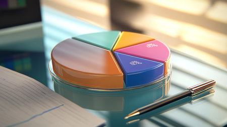 A close-up of a pie chart with gradient colors and data percentages, displayed on a glass desk with a pen and notepad beside it.の素材
