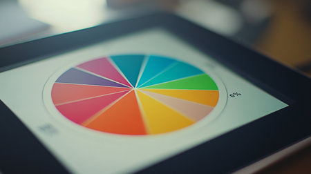A close-up of a pie chart on a digital tablet, showing segmented slices in different colors with clear percentage labels.の素材