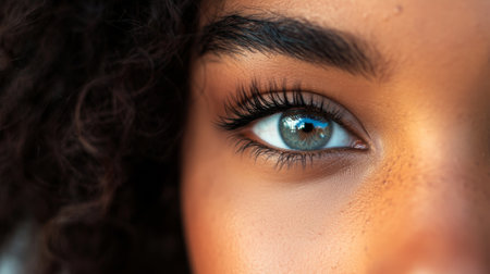A high-resolution close-up of a woman's face with perfectly applied makeup, including smooth foundation and accentuated features, showcasing her beauty.の素材
