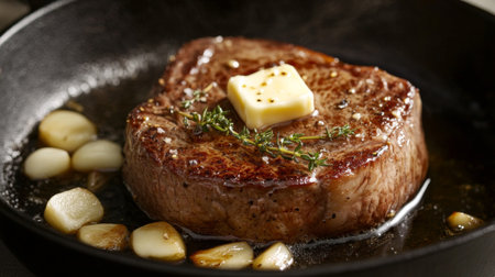 A detailed view of a steak being seared in a cast-iron skillet, with butter, garlic, and thyme melting into the meat.の素材