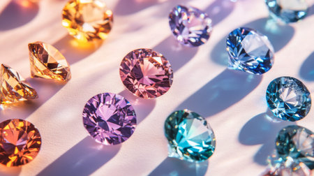 A cluster of sparkling diamonds, from small to large, arranged beautifully on a white surface, reflecting light in vivid hues.の素材