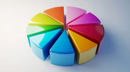 A dynamic D pie chart with segments in various bright colors, each section floating slightly above a white surface, symbolizing data analysis and statistics.の素材