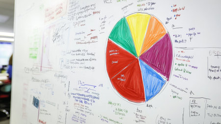 A detailed shot of a pie chart displayed on a whiteboard, with colorful segments and handwritten notes explaining the data segments.の素材