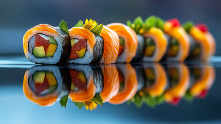 A macro shot of a beautifully arranged sushi roll, showcasing the vibrant colors of the fresh ingredients and the intricate presentation.の素材