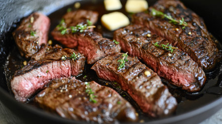 A detailed view of a steak being seared in a cast-iron skillet, with butter, garlic, and thyme melting into the meat.の素材