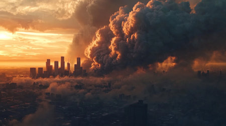 A dense cloud of smoke rolling over a city skyline at dusk, symbolizing urban pollution and industrial impact.の素材