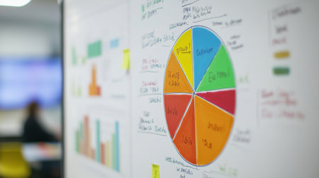 A detailed shot of a pie chart displayed on a whiteboard, with colorful segments and handwritten notes explaining the data segments.の素材