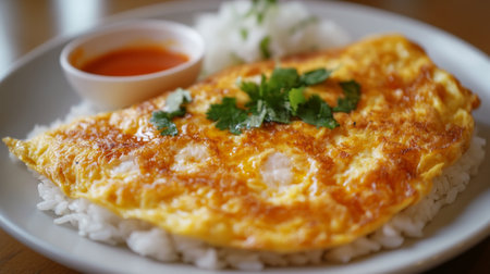 A golden omelette on a bed of rice shot up close, with crispy edges and soft center, served with a side of spicy dipping sauce.の素材