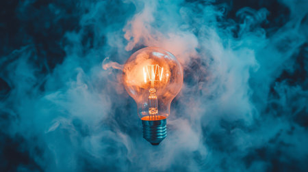 A dramatic shot of smoke swirling around a glowing light bulb, symbolizing creativity and inspiration.の素材