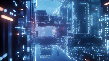 A futuristic D graph with interconnected nodes and lines, showcasing a network of data and relationships in a digital, high-tech environment.の素材