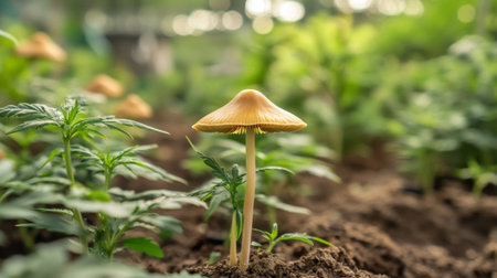 A macro shot of a mushroom growing in a garden, focusing on its delicate cap and stem with a soft focus on the surrounding greenery.の素材