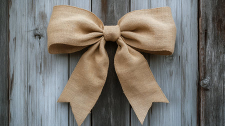 A large decorative bow made of burlap ribbon, tied on a rustic wreath hanging on a wooden door.の素材