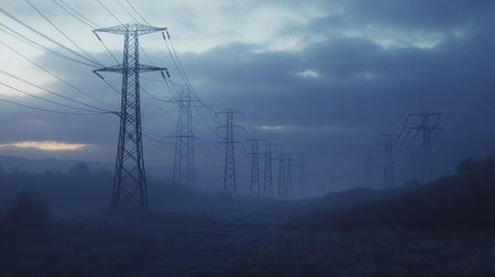 A high-resolution shot of multiple electricity transmission towers lined up in a row, emphasizing their scale and the extensive network of power lines.の素材