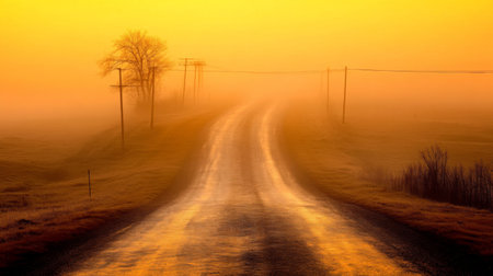 Streetlights casting an orange hue over an empty road, mist in the air creating a moody, serene scene at duskの素材