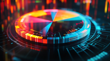 A vibrant D pie chart with glass-like translucent sections, illuminated from below, each segment labeled with financial data in a futuristic setting.の素材