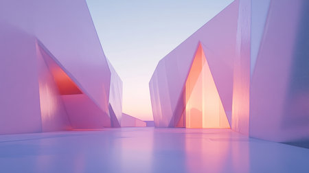 Gradient-filled polygons with smooth lines and subtle shadows, arranged to create a modern, abstract composition in soft pastel tonesの素材