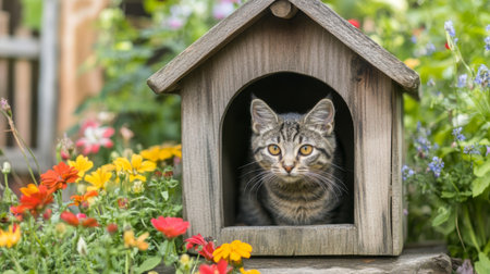 A wooden cat house with an open door, inviting a curious cat to peek out, surrounded by a lush garden full of vibrant flowersの素材