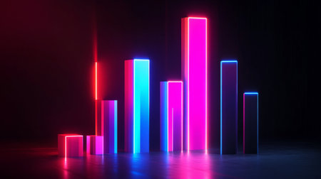 Modern D bar chart with neon-colored bars and gradient lighting, set against a dark background for a futuristic lookの素材