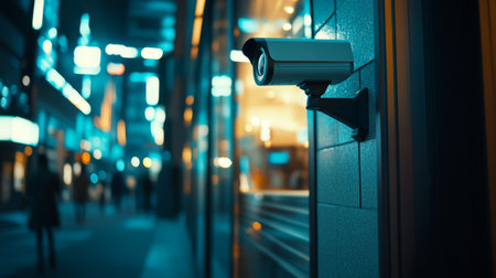 A vibrant image of a CCTV camera mounted on a storefront, monitoring the entrance and surrounding area, conveying a sense of safety for customersの素材