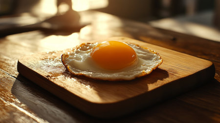 Close-up of a cracked open egg on a wooden cutting board, with the yolk and egg white glistening in natural light, capturing freshness and simplicityの素材