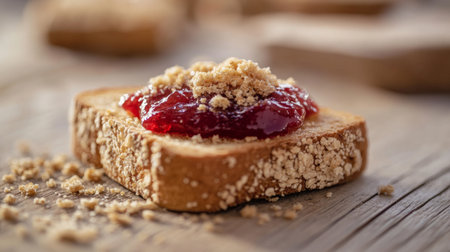 Rustic toast topped with homemade jam, crumbs scattered on a wooden table, evoking a fresh, homemade breakfast vibeの素材