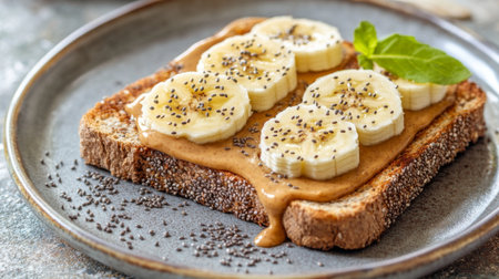 Toast topped with creamy peanut butter and banana slices, sprinkled with chia seeds, creating a nutritious and delicious breakfast optionの素材