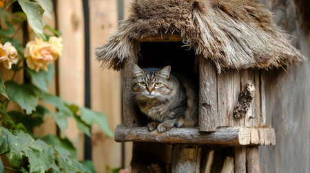A close-up view of a charming, rustic cat house with a thatched roof and wooden construction, providing a cozy retreat for a cat.の素材