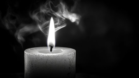 A black and white image of smoke rising from a recently extinguished candle, with the soft glow of remaining embers.の素材