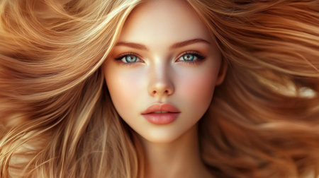 A close-up of a beautiful woman with long, flowing hair, her eyes looking directly into the camera, capturing her captivating gaze.の素材