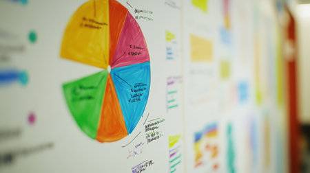 A detailed shot of a pie chart displayed on a whiteboard, with colorful segments and handwritten notes explaining the data segments.の素材