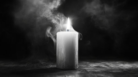 A black and white image of smoke rising from a recently extinguished candle, with the soft glow of remaining embers.の素材