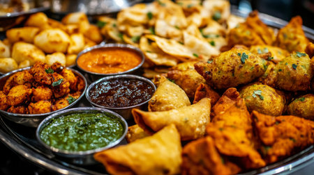 A close-up of a platter of assorted Indian appetizers, including samosas, pakoras, and chutneys, arranged with vibrant colors and textures.の素材