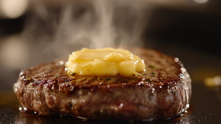 A close-up shot of a steak topped with a pat of melting herb butter, with the butter slowly spreading over the hot surface of the meat.の素材