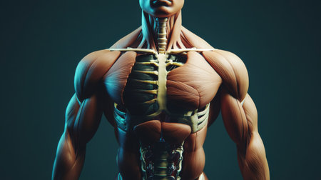 A high-resolution shot of a human torso showing the anatomical structure, including well-defined abs and ribcage, emphasizing the bodys form and fitness.の素材