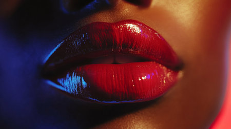 A macro shot of a woman's lips, with a smooth application of glossy red lipstick, capturing the vibrant color and shine.の素材