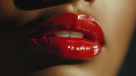 A macro shot of a woman's lips, with a smooth application of glossy red lipstick, capturing the vibrant color and shine.の素材