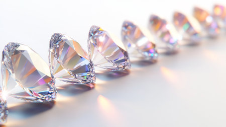 A row of shimmering diamonds lined up neatly on a pure white background, their facets catching and refracting light in every direction.の素材