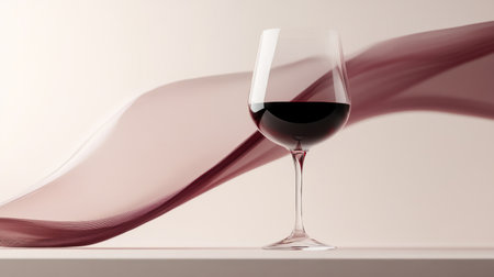 Close-up of an artistic wine glass with a unique design, holding a deep red wine and placed on a stylish table with minimalistic decor.の素材