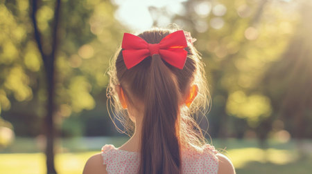 A vibrant red bow tied around a young girl's ponytail, with a blurred background of a sunny park.の素材