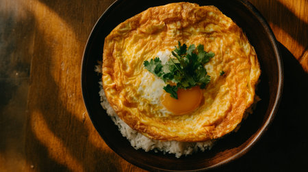 A top-down, close-up view of a classic omelette on rice, the eggs crispy edges and soft interior paired with freshly cooked jasmine rice.の素材