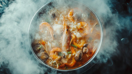 A top-down view of a steaming bowl of Tom Yum Goong, with large prawns, mushrooms, lemongrass, and vibrant chili floating in a rich, aromatic broth.の素材