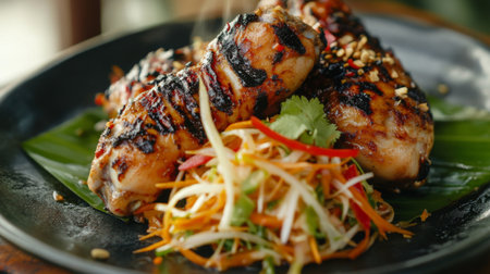 Close-up of a flavorful grilled chicken drumstick paired with a tangy papaya salad, highlighting the juicy meat and fresh, crisp vegetables.の素材