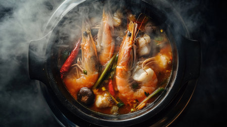A top-down view of a steaming bowl of Tom Yum Goong, with large prawns, mushrooms, lemongrass, and vibrant chili floating in a rich, aromatic broth.の素材