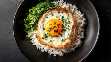 A top-down, close-up view of a classic omelette on rice, the eggs crispy edges and soft interior paired with freshly cooked jasmine rice.の素材